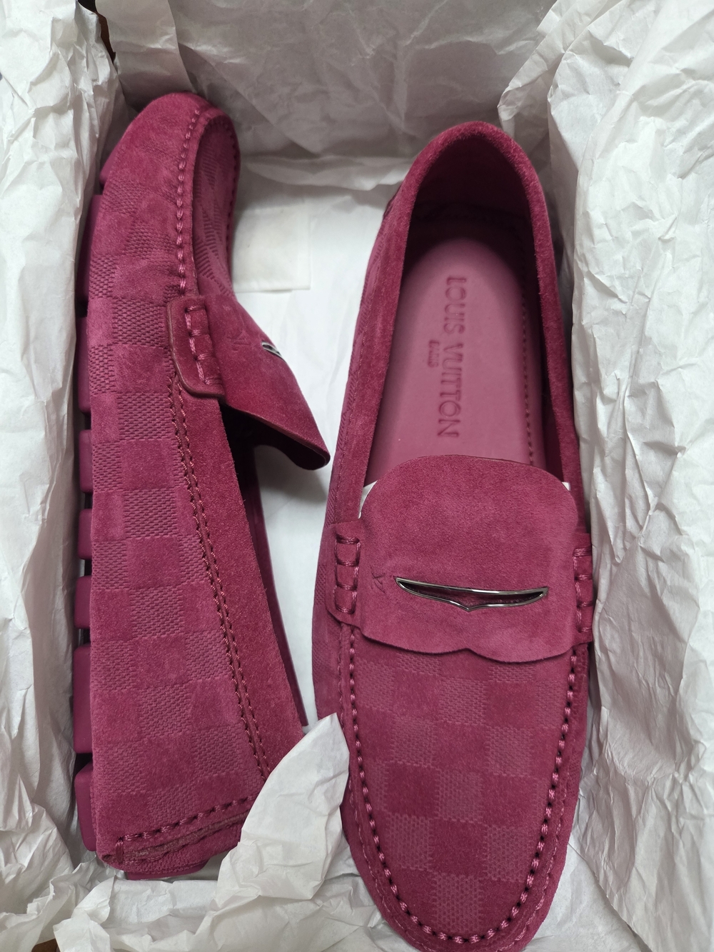 Louis Vuitton Men’s Suede Loafers in Deep Raspberry